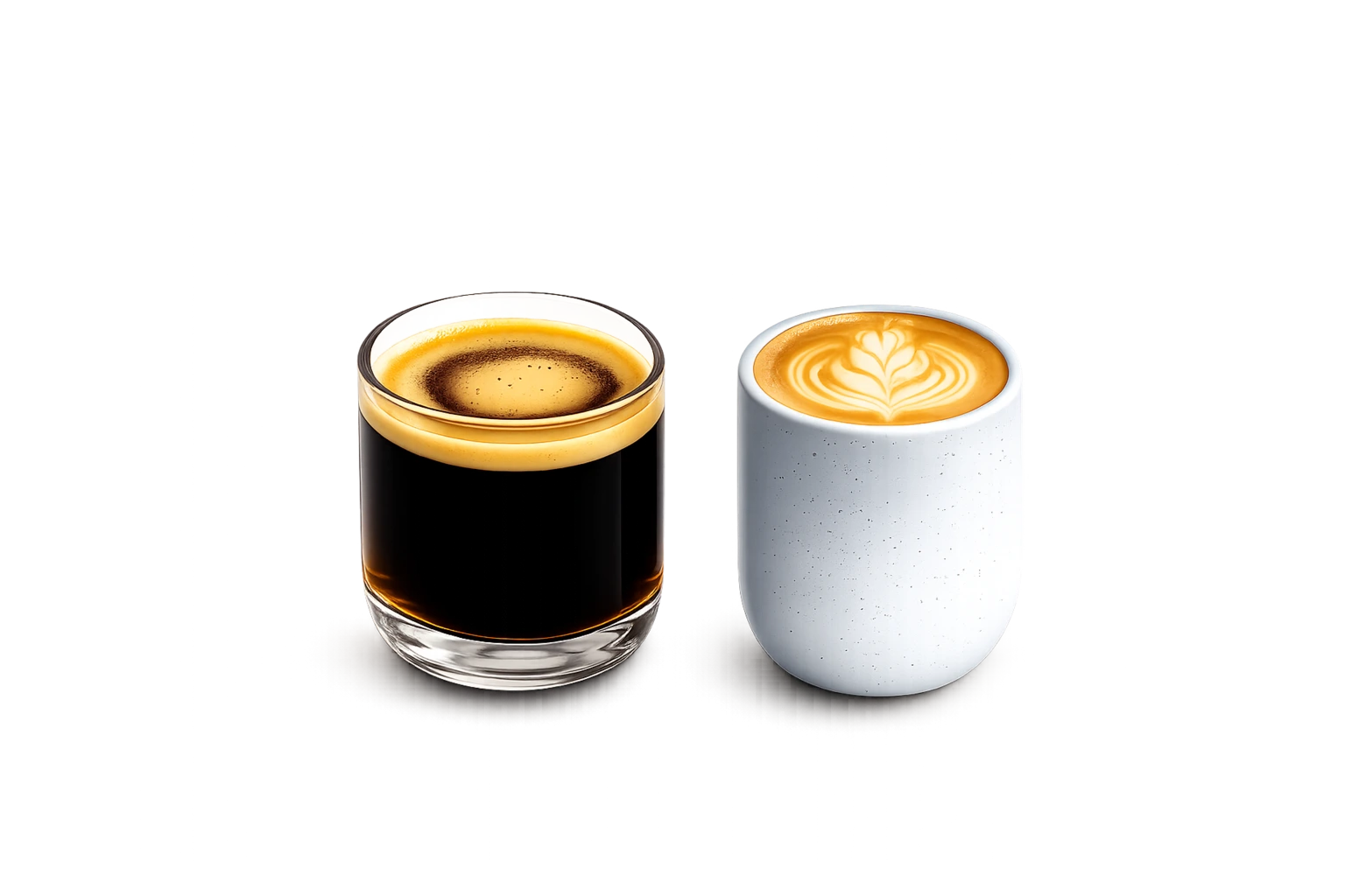 A glass of black coffee and a flat white